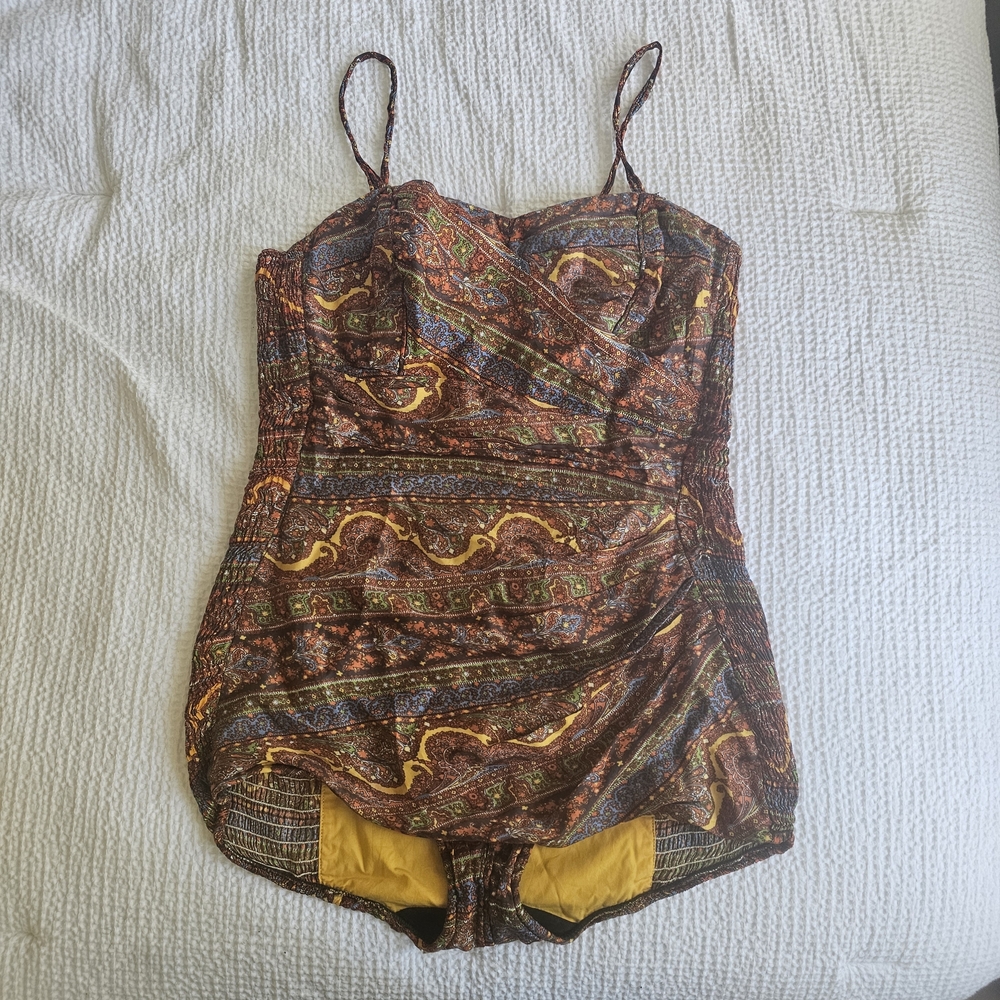 50s 60s Custom Swimsuit Bathing Suit One Piece Dress Ruching Paisley Large
